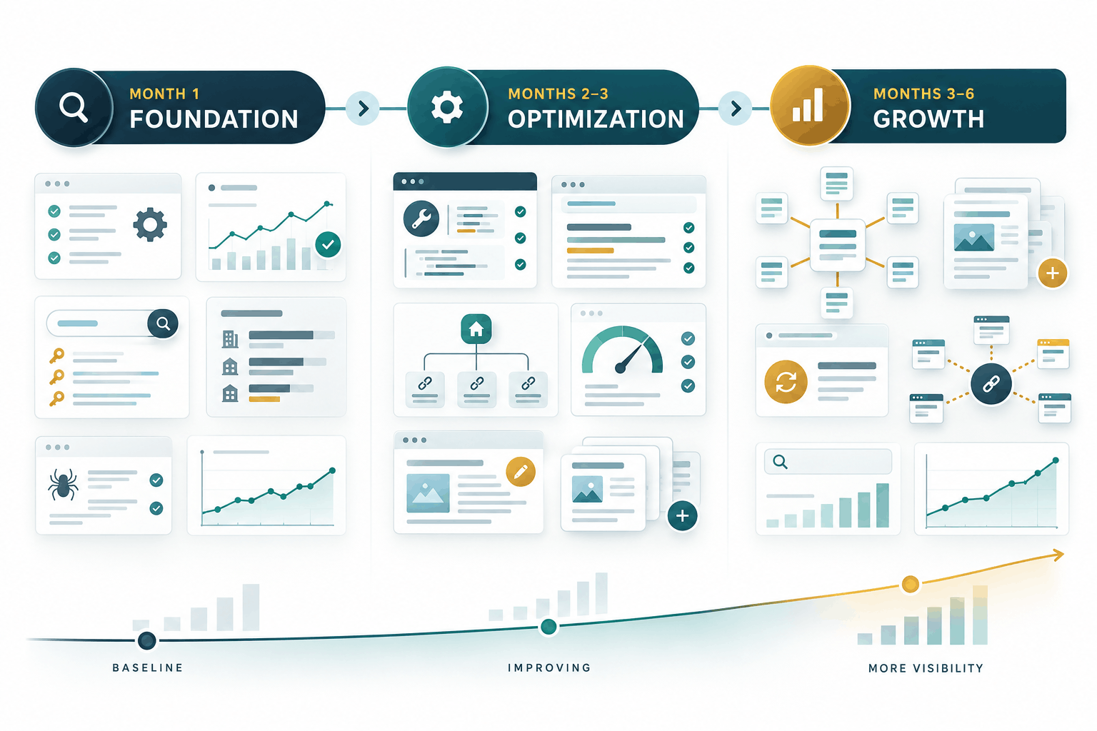 Six-month SEO timeline for Abu Dhabi businesses showing audit, technical optimization, content growth and ranking movement