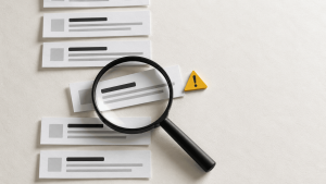 Magnifying glass inspecting a misaligned website search result, illustrating common SEO mistakes UAE businesses make.