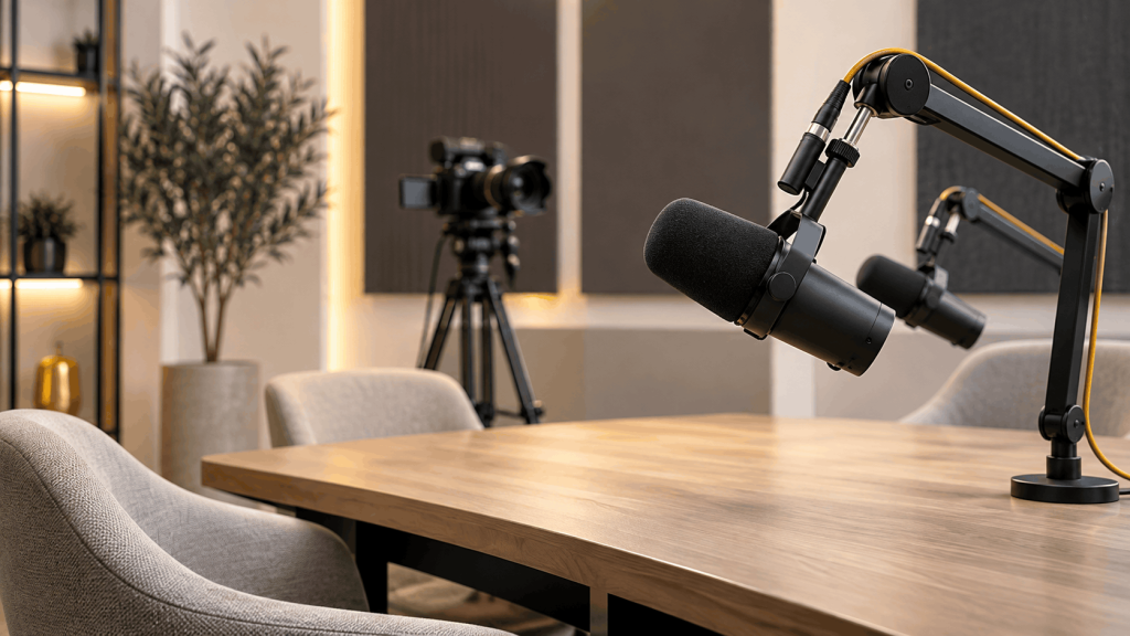 Professional podcast recording studio with microphones, cameras, and acoustic treatment in a modern interview setup.