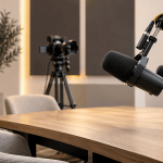 Professional podcast recording studio with microphones, cameras, and acoustic treatment in a modern interview setup.