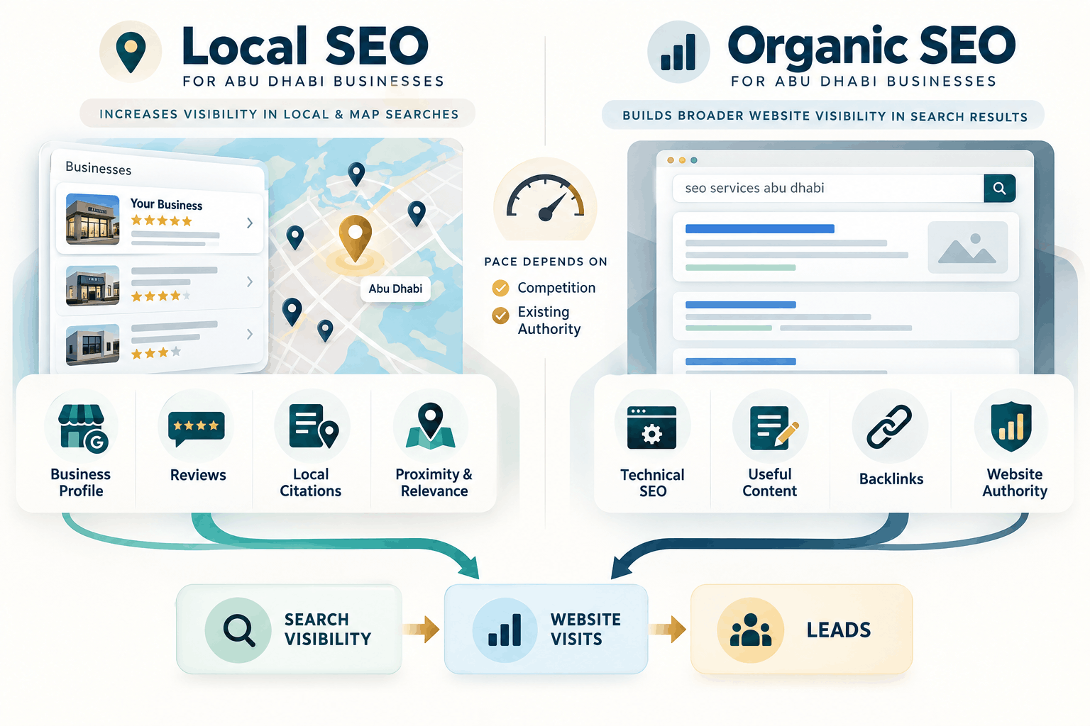 Comparison of local SEO and organic SEO strategies for Abu Dhabi businesses