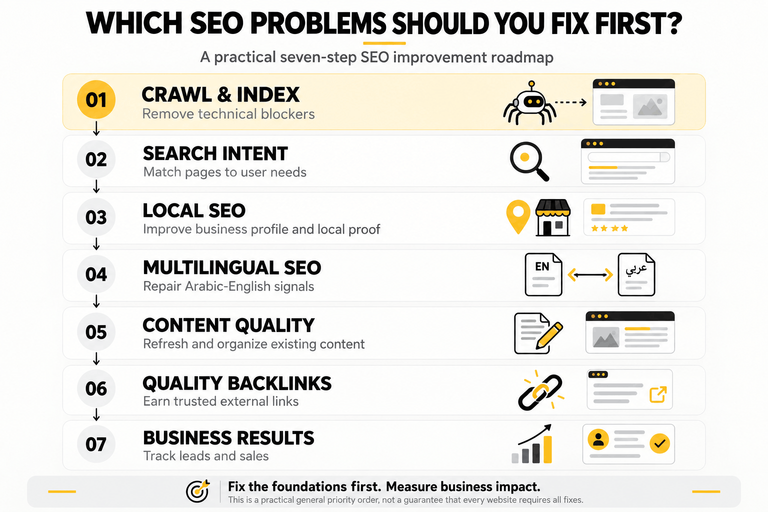 Seven-step SEO improvement roadmap prioritizing crawlability, search intent, local SEO, multilingual setup, content, backlinks, and conversions.
