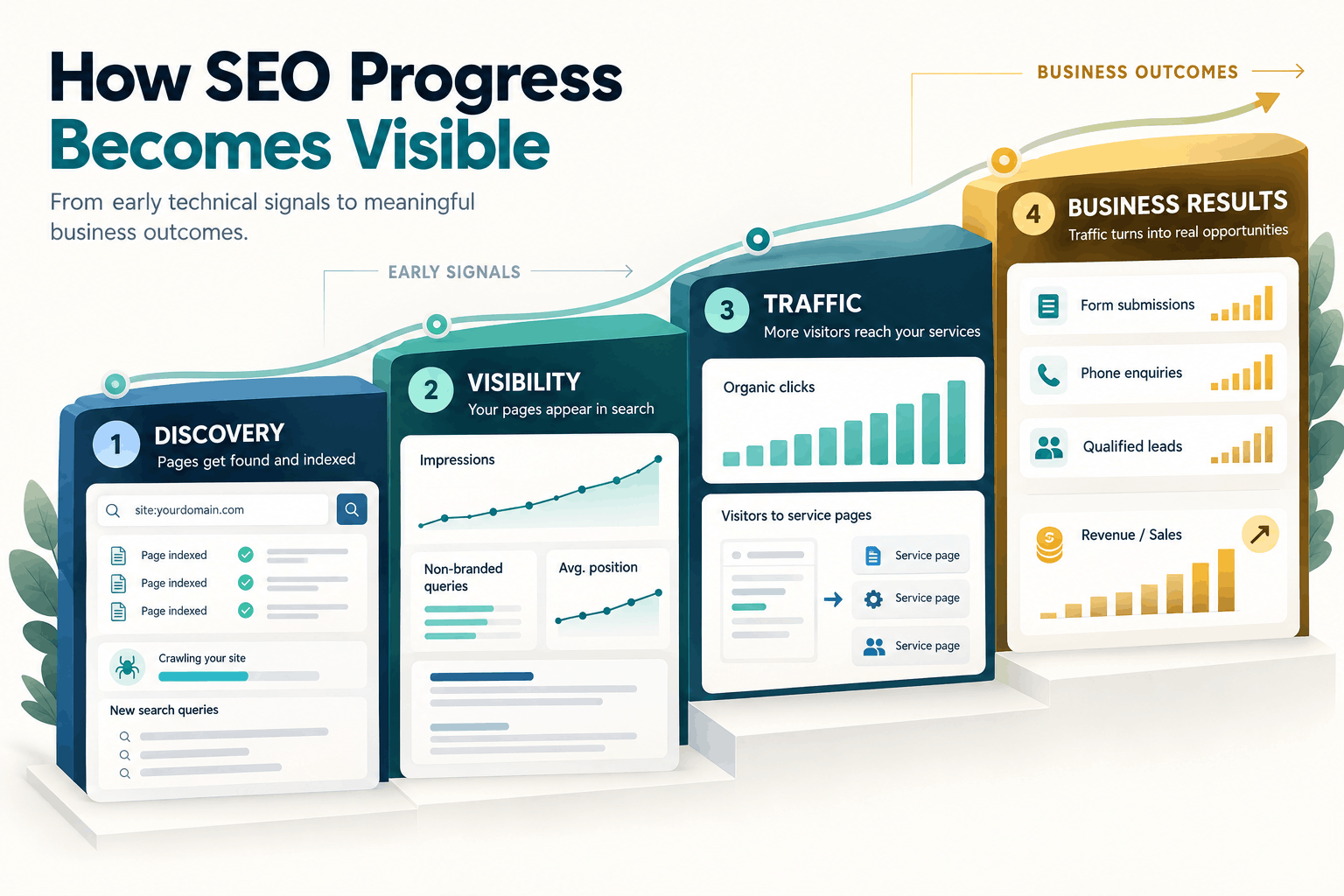 SEO progress signals from indexing and impressions to organic clicks, leads and revenue