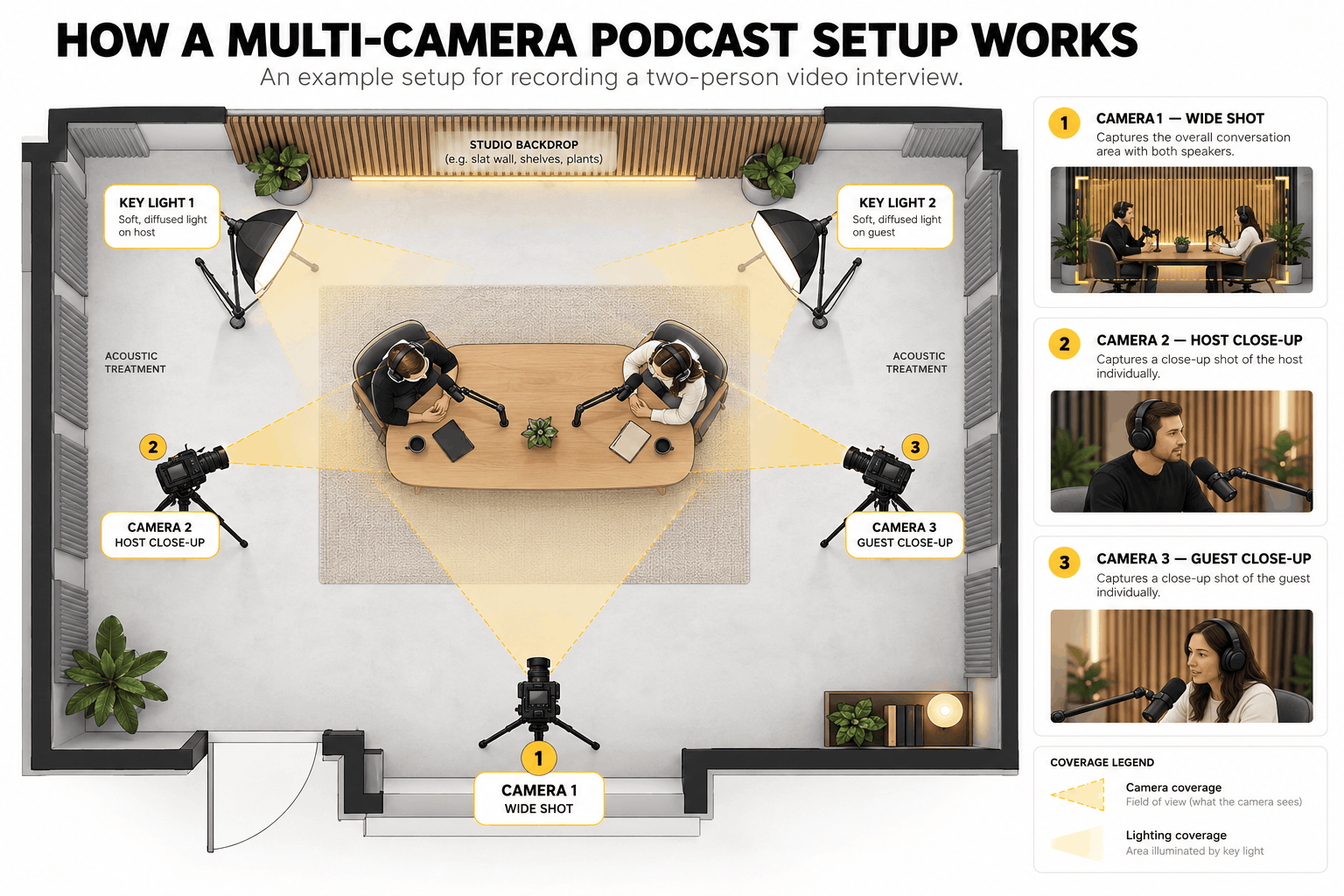 Top-down diagram of a two-person video podcast studio with wide-shot camera, close-up cameras, and lighting positions.